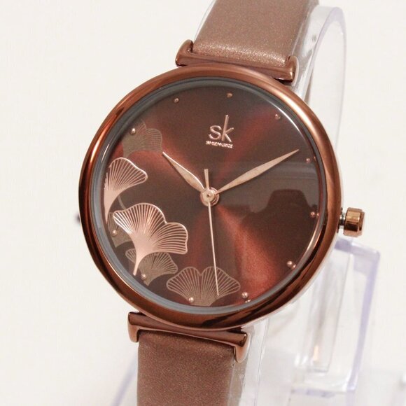 Ladies Casual Watch Ginkgo Biloba Design Dial Coffee Colored Strap 32mm - Picture 7 of 11